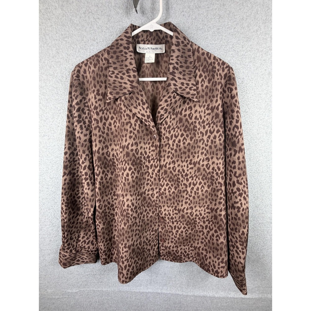 Vintage Norton McNaughton Shirt Womens 12 Brown Leopard Print Button Up 90s